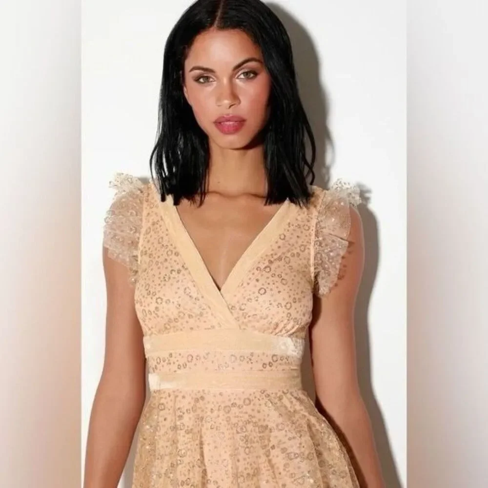 Lulus Stunning Love Nude and Gold Glitter Tiered Midi Dress Size Small